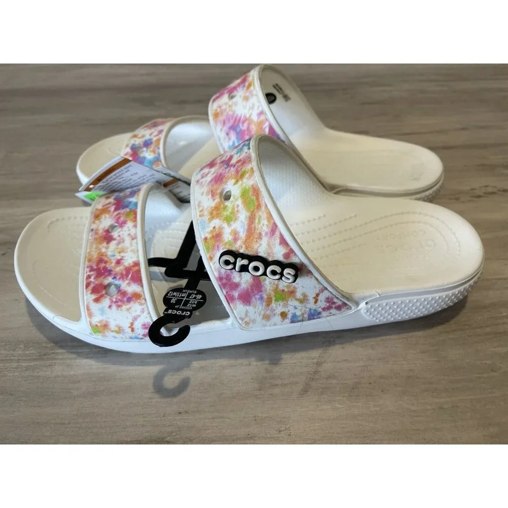 Crocs Mens Classic Sandals Size 12 Graphic Two-Strap Slide Tie Dye Pink Blue NWT